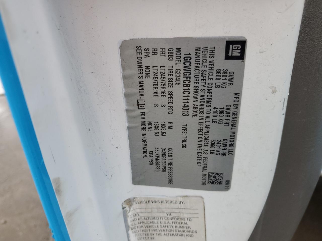 2012 Chevrolet Express G2500 VIN: 1GCWGFCB1C1114013 Lot: 78998884