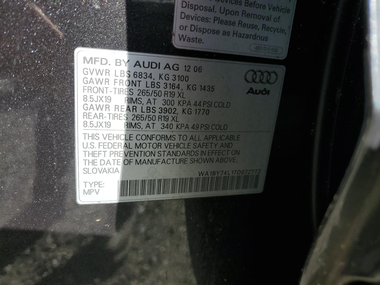 2007 Audi Q7 3.6 Quattro Premium VIN: WA1BY74L17D072773 Lot: 79359024