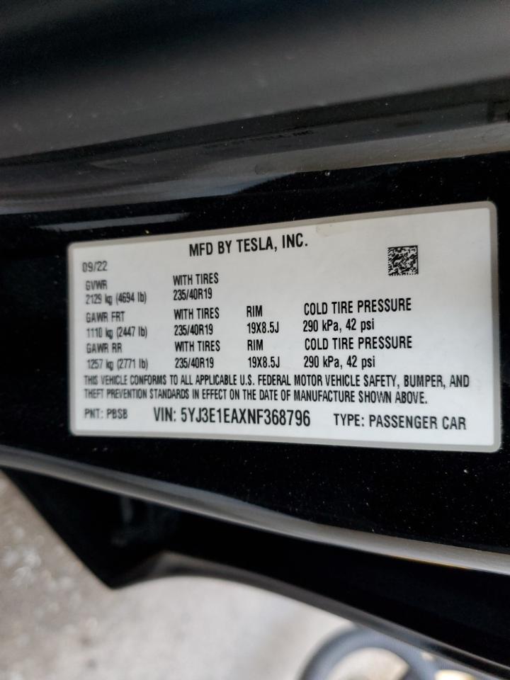 2022 Tesla Model 3 VIN: 5YJ3E1EAXNF368796 Lot: 79910584