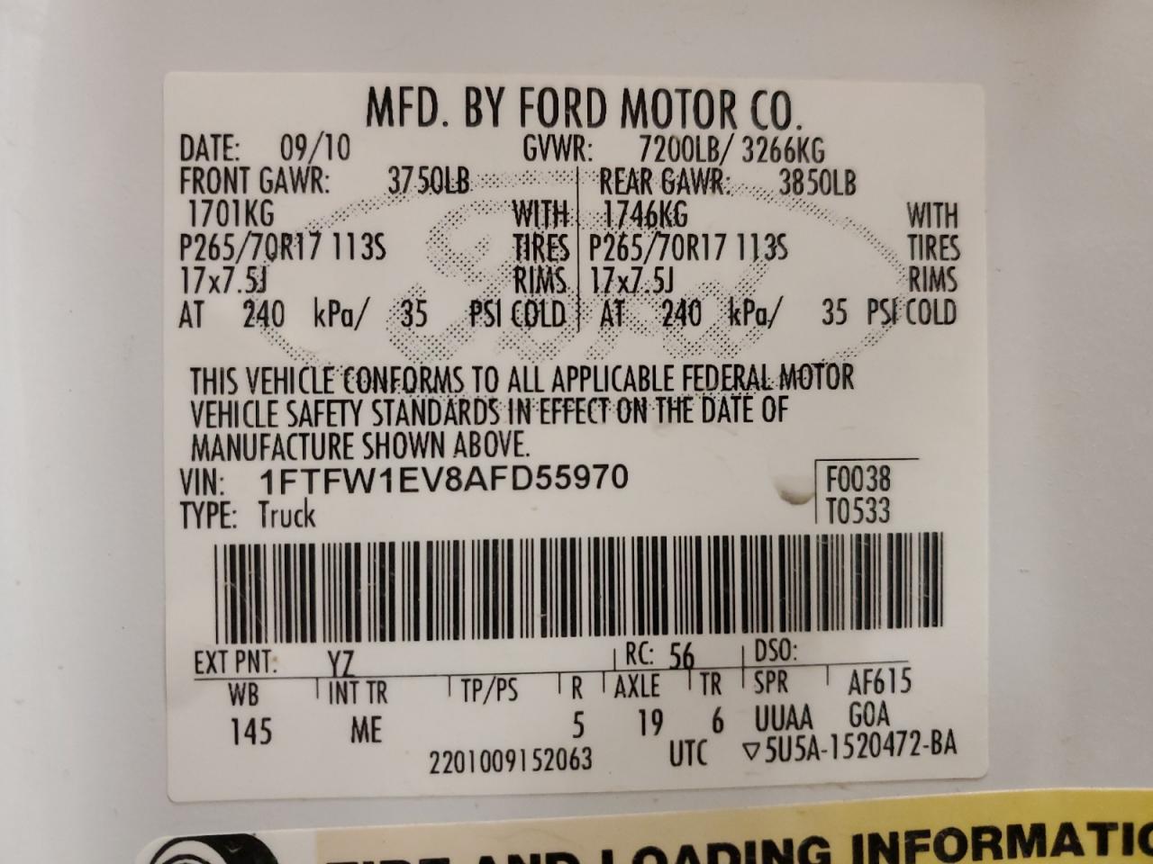 2010 Ford F150 Supercrew VIN: 1FTFW1EV8AFD55970 Lot: 80083924