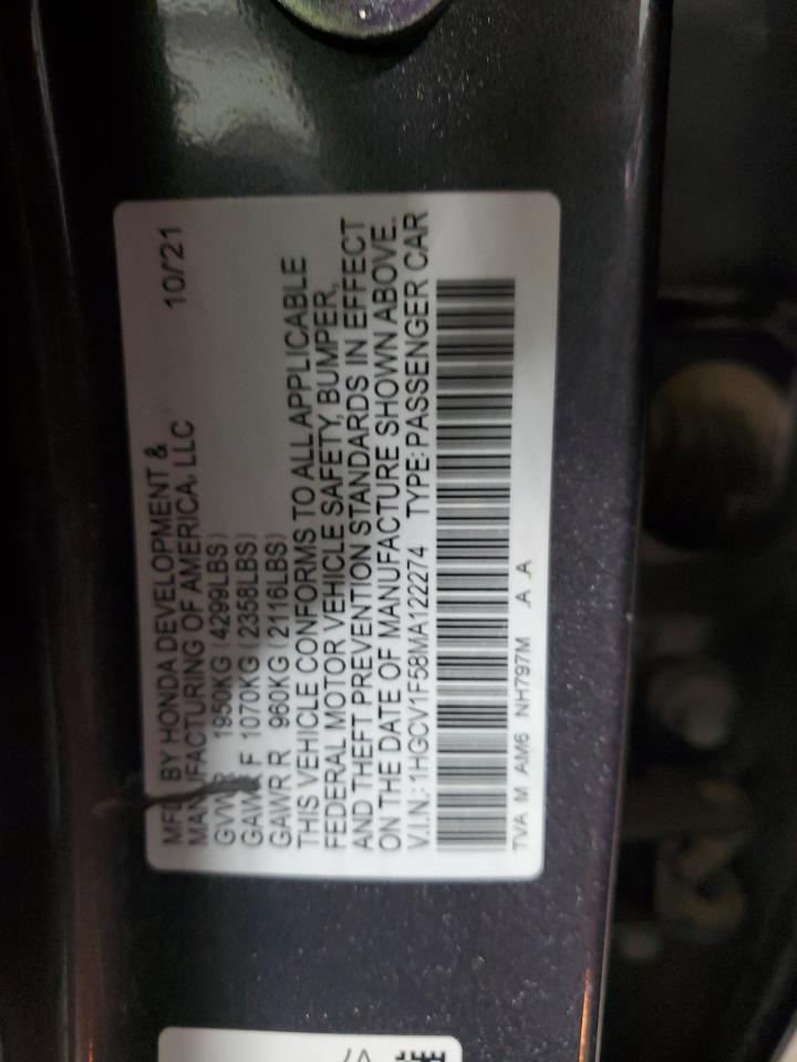 2021 Honda Accord Exl VIN: 1HGCV1F58MA122274 Lot: 81553724