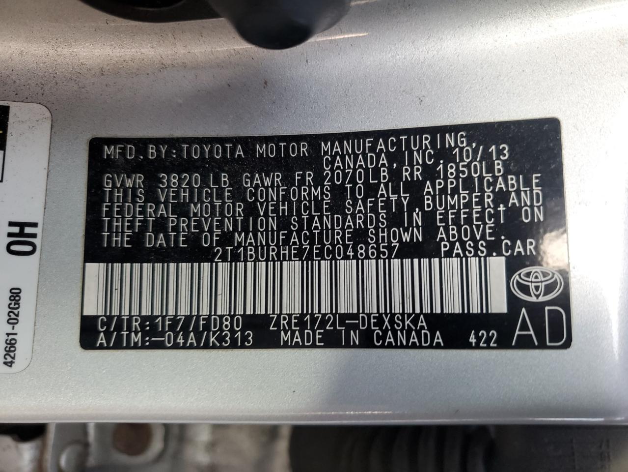 2014 Toyota Corolla L VIN: 2T1BURHE7EC048657 Lot: 81431514