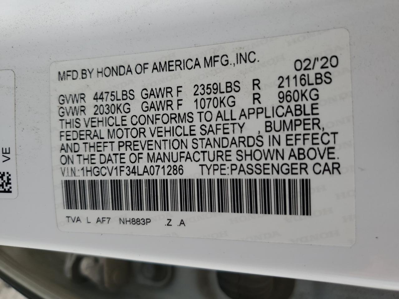 VIN 1HGCV1F34LA071286 2020 HONDA ACCORD no.12