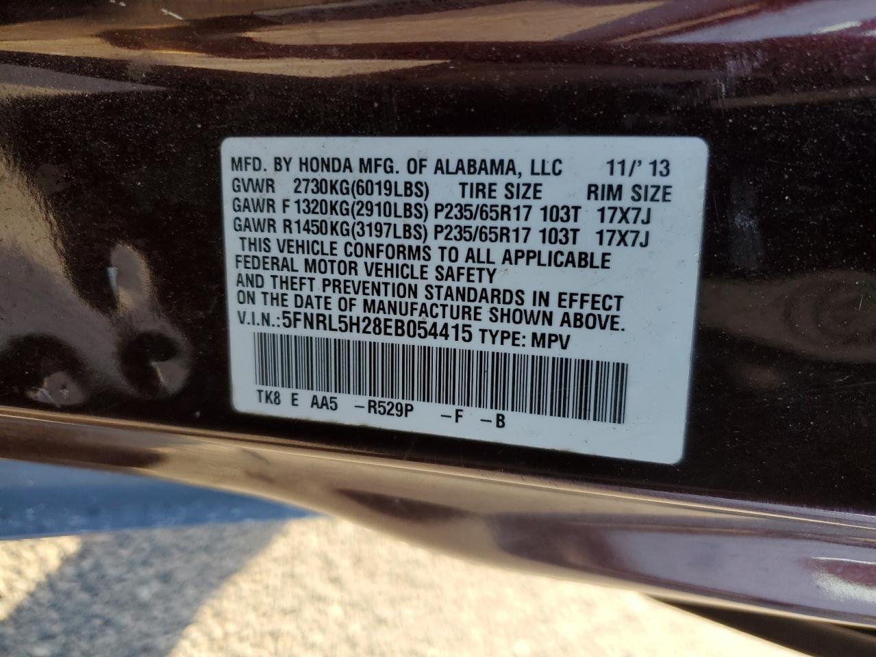 VIN 5FNRL5H28EB054415 2014 HONDA All Models no.13