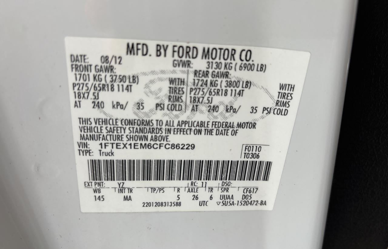 2012 Ford F150 Super Cab VIN: 1FTEX1EM6CFC86229 Lot: 79183824
