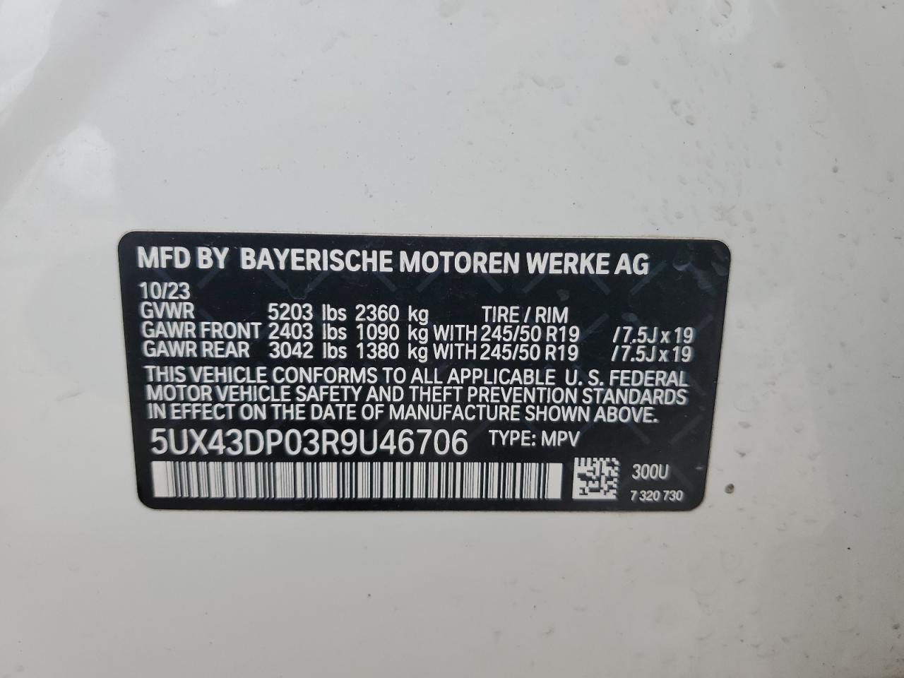 2024 BMW X3 Sdrive30I VIN: 5UX43DP03R9U46706 Lot: 79103634