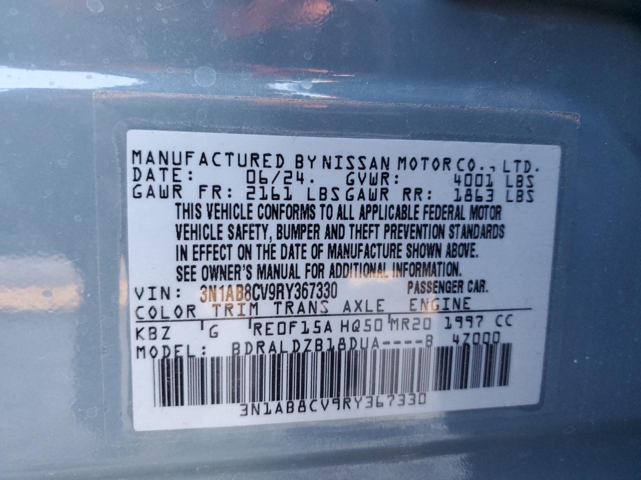 2024 Nissan Sentra Sv VIN: 3N1AB8CV9RY367330 Lot: 81275444