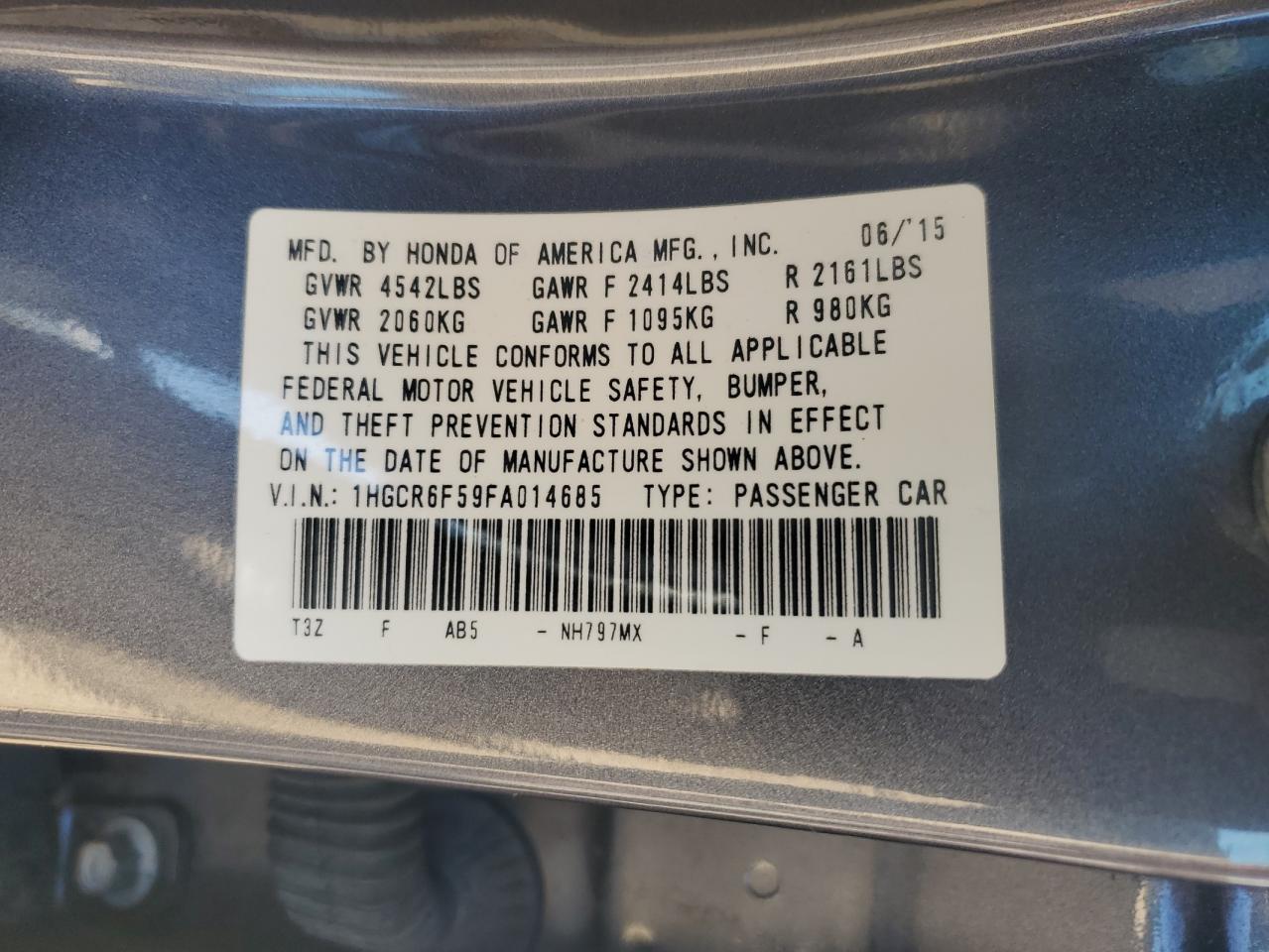 VIN 1HGCR6F59FA014685 2015 HONDA ACCORD no.12