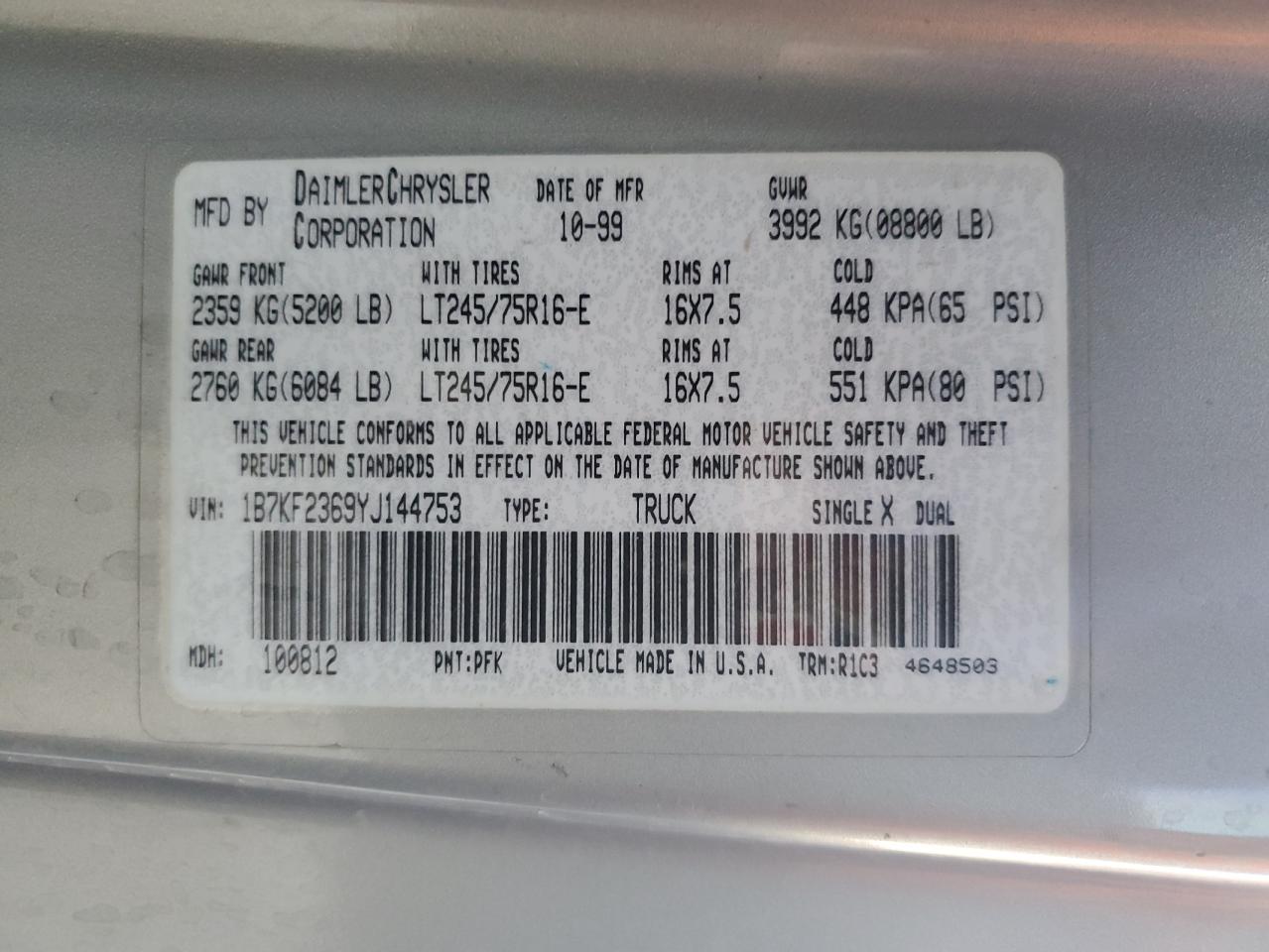 2000 Dodge Ram 2500 VIN: 1B7KF2369YJ144753 Lot: 80801414