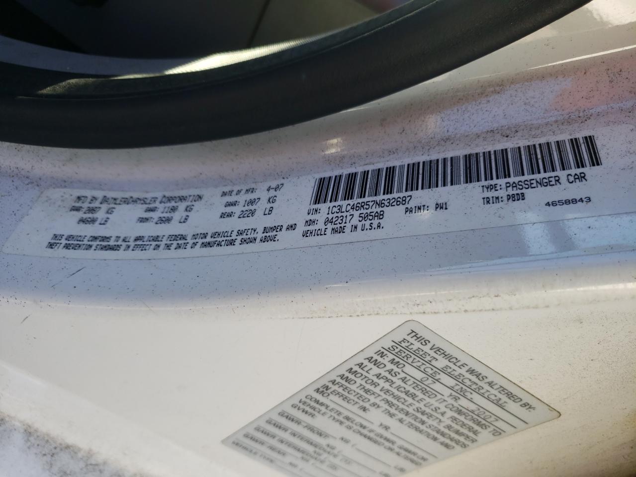 2007 Chrysler Sebring VIN: 1C3LC46R57N632687 Lot: 84855264