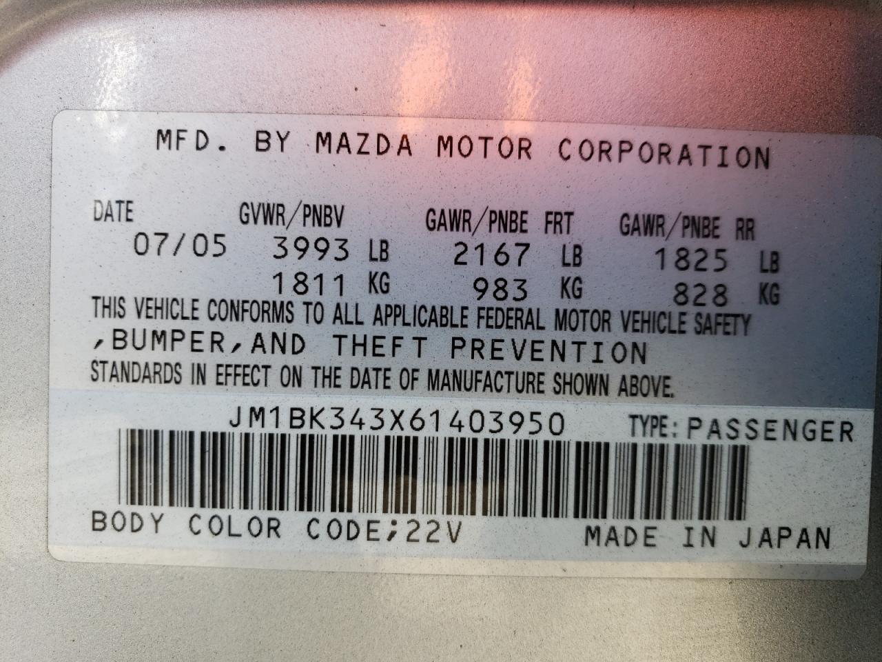 2006 Mazda 3 Hatchback VIN: JM1BK343X61403950 Lot: 78215414