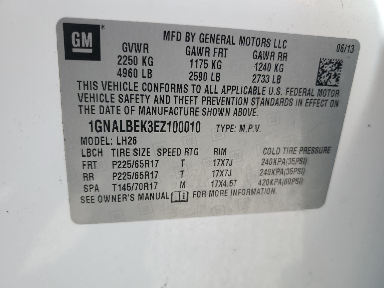 2014 Chevrolet Equinox Lt VIN: 1GNALBEK3EZ100010 Lot: 79170304