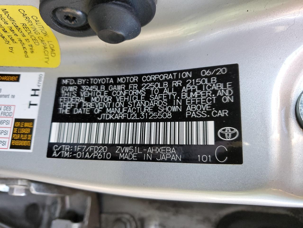 2020 Toyota Prius L VIN: JTDKARFU2L3125508 Lot: 80238954