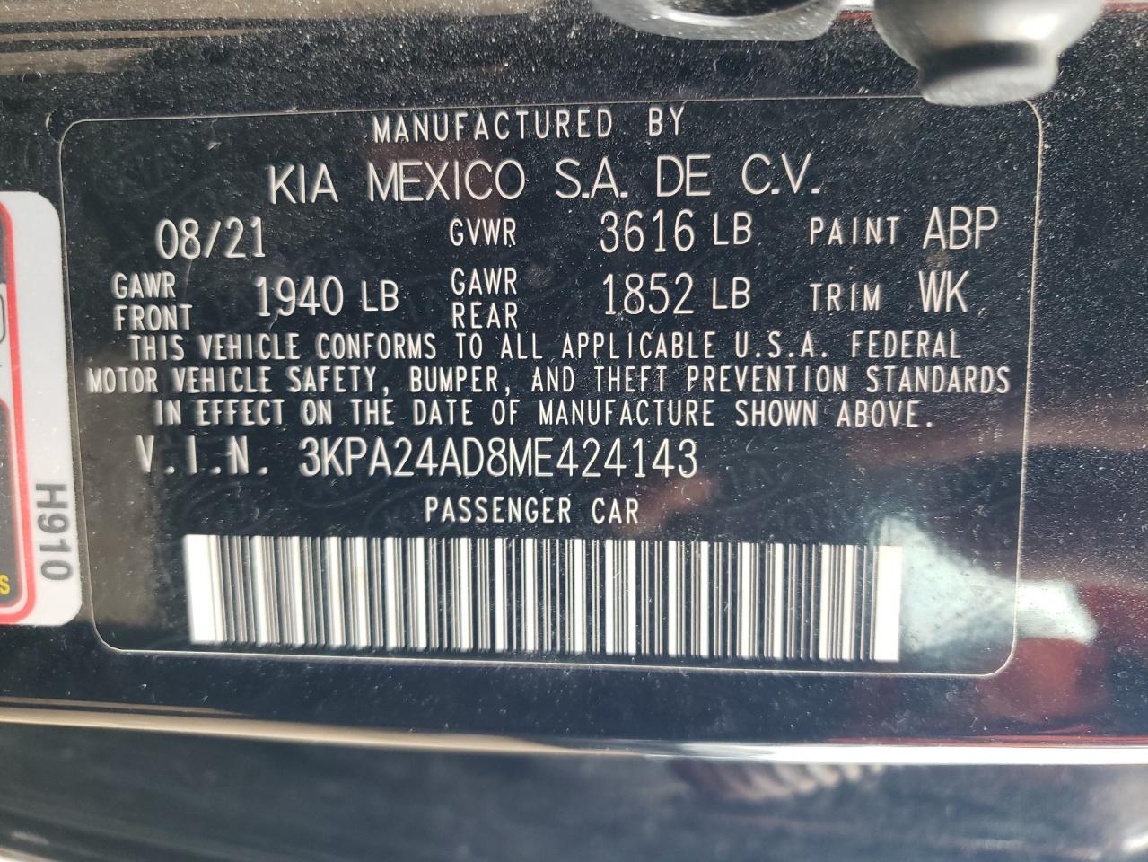 2021 Kia Rio Lx VIN: 3KPA24AD8ME424143 Lot: 80211354