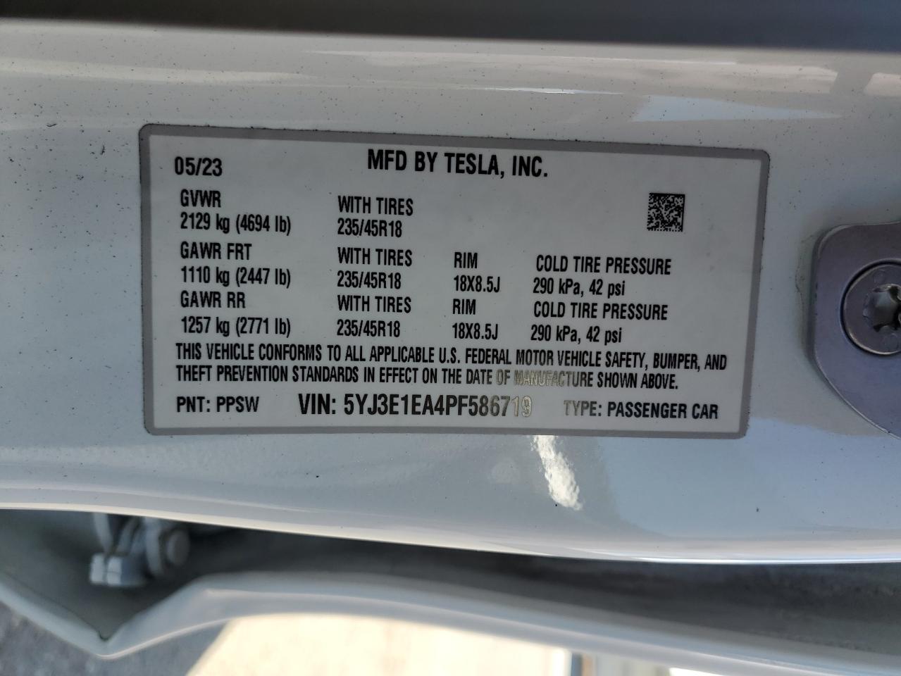 2023 Tesla Model 3 VIN: 5YJ3E1EA4PF586719 Lot: 78950764