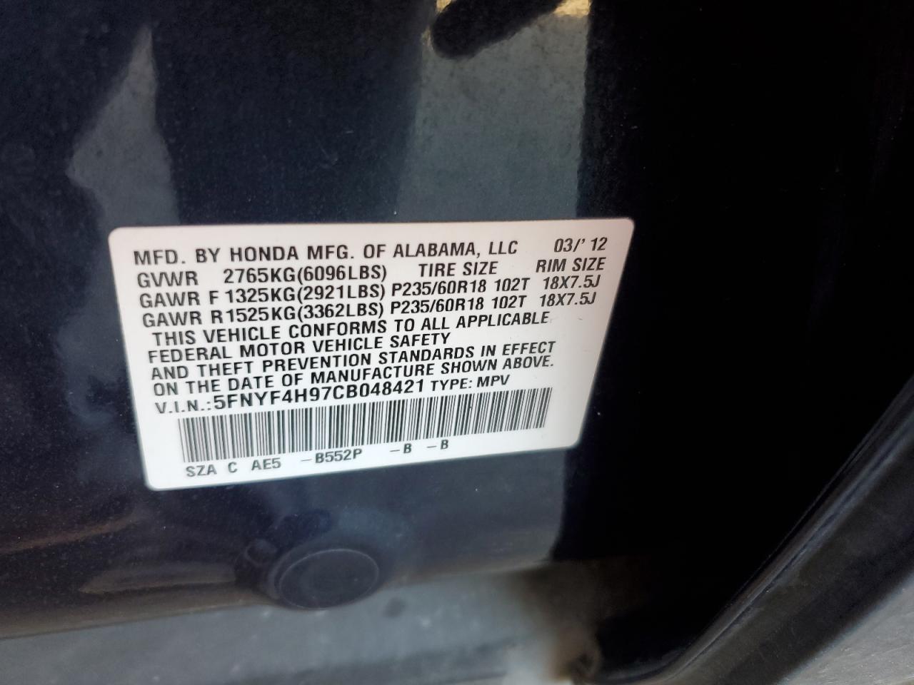 2012 Honda Pilot Touring VIN: 5FNYF4H97CB048421 Lot: 81340414