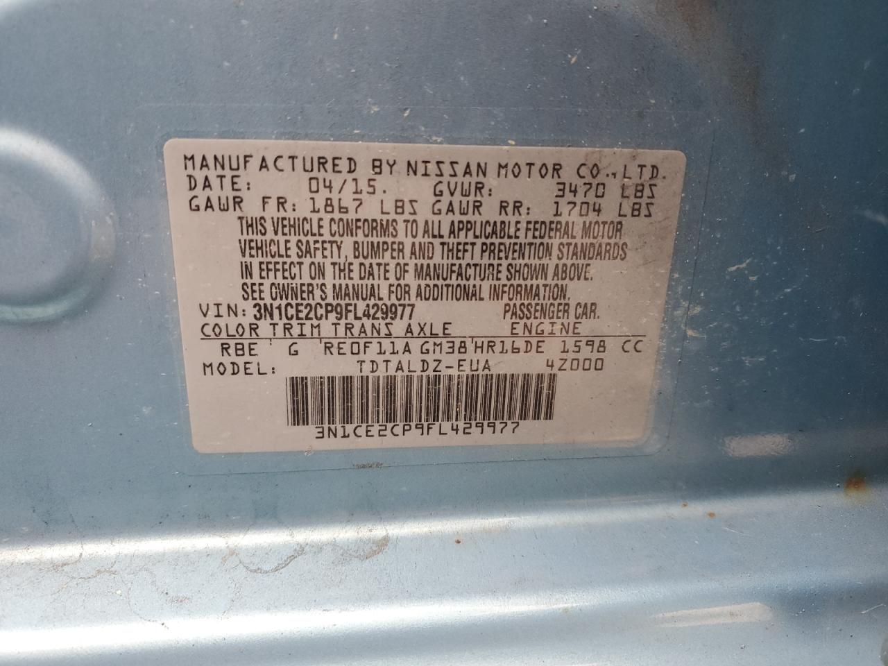 2015 Nissan Versa Note S VIN: 3N1CE2CP9FL429977 Lot: 80890644