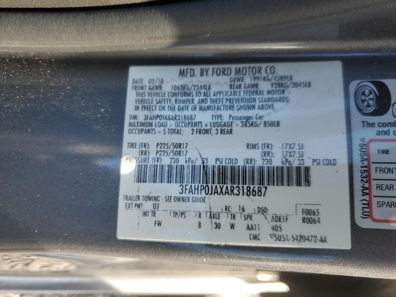 2010 Ford Fusion Sel VIN: 3FAHP0JAXAR318687 Lot: 81725294