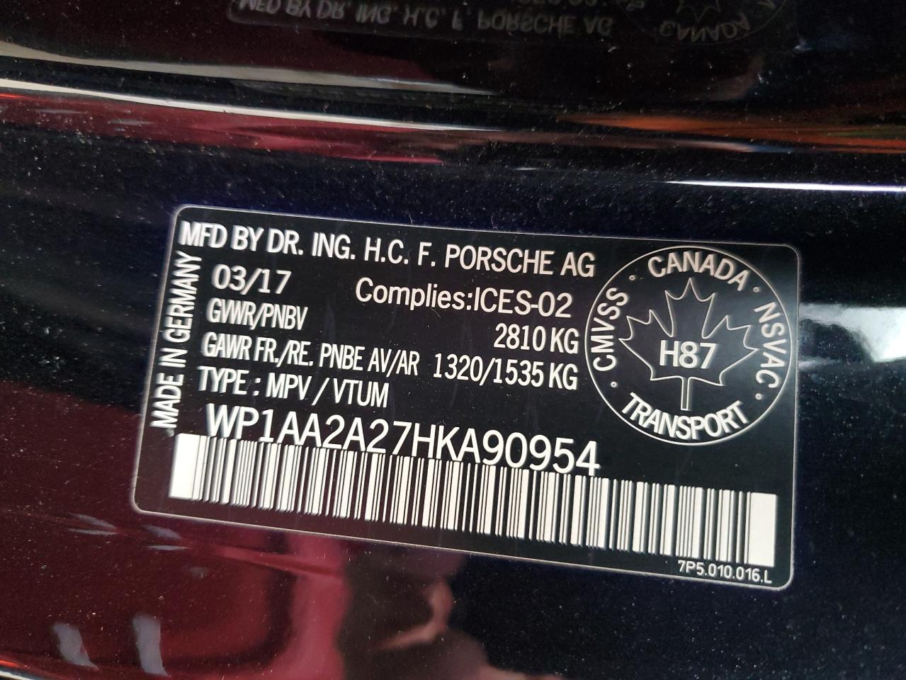 2017 Porsche Cayenne VIN: WP1AA2A27HKA90954 Lot: 78939054