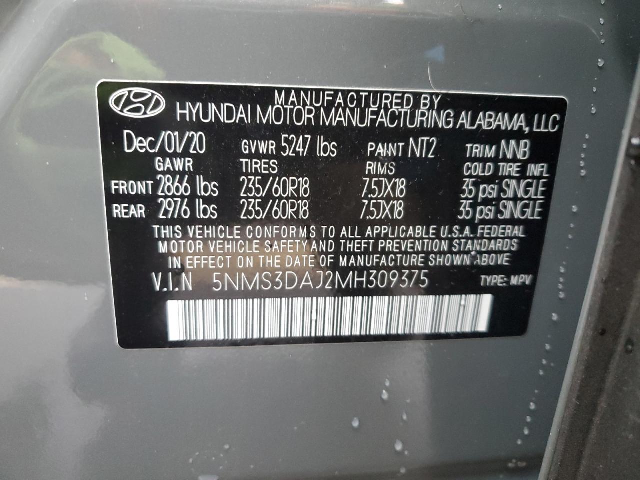 2021 Hyundai Santa Fe Sel VIN: 5NMS3DAJ2MH309375 Lot: 81754994