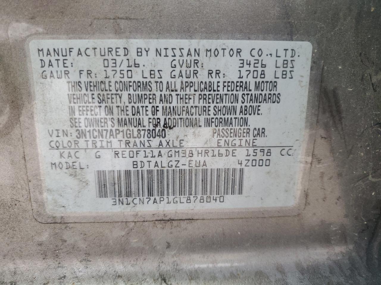 VIN 3N1CN7AP1GL878040 2016 NISSAN VERSA no.13