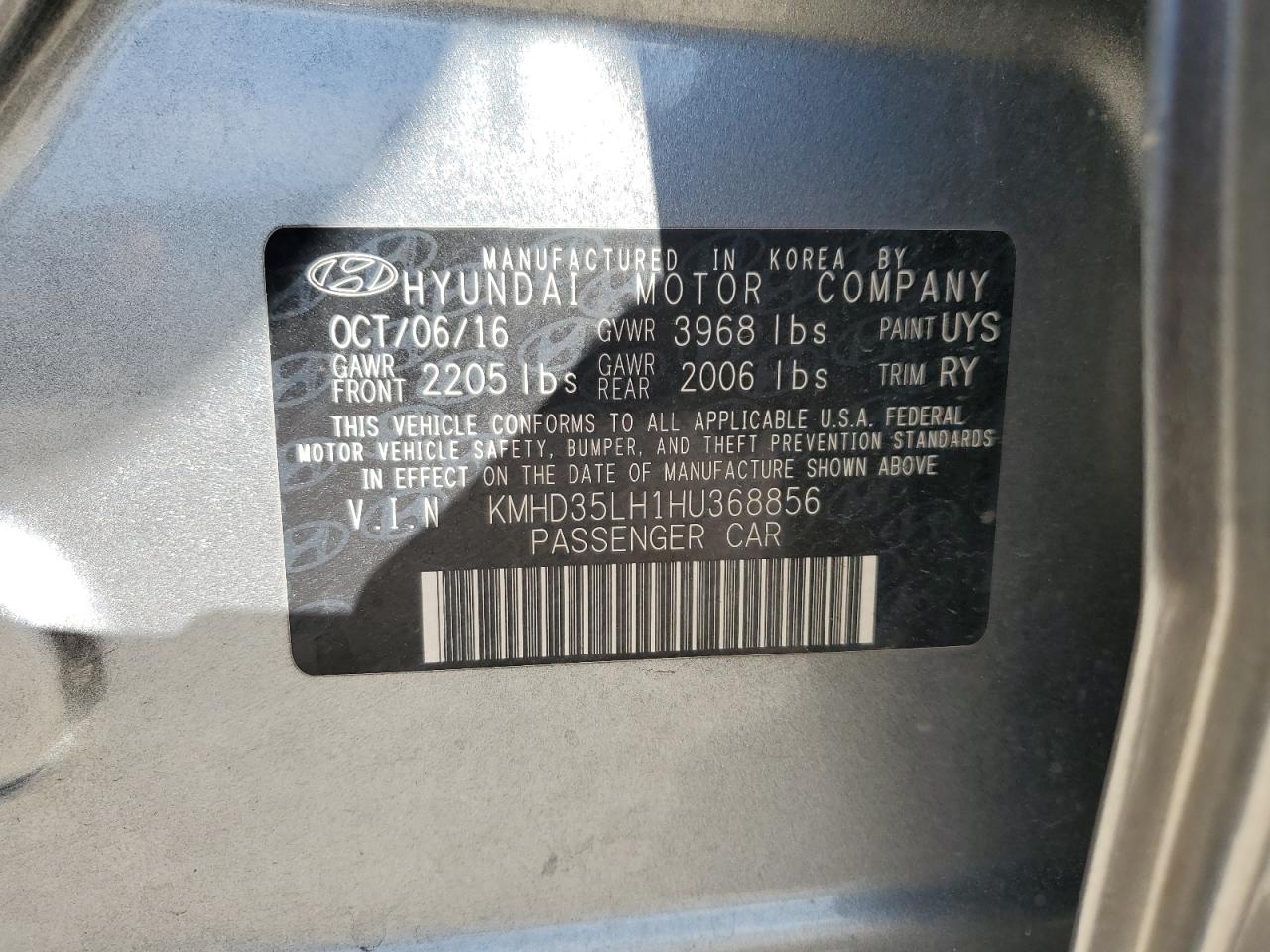 VIN KMHD35LH1HU368856 2017 HYUNDAI ELANTRA no.12