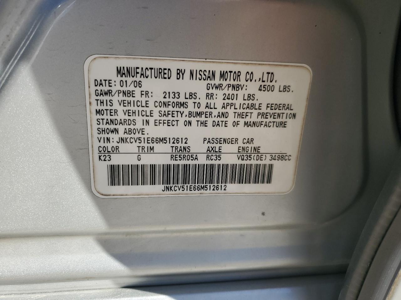 2006 Infiniti G35 VIN: JNKCV51E66M512612 Lot: 81607714