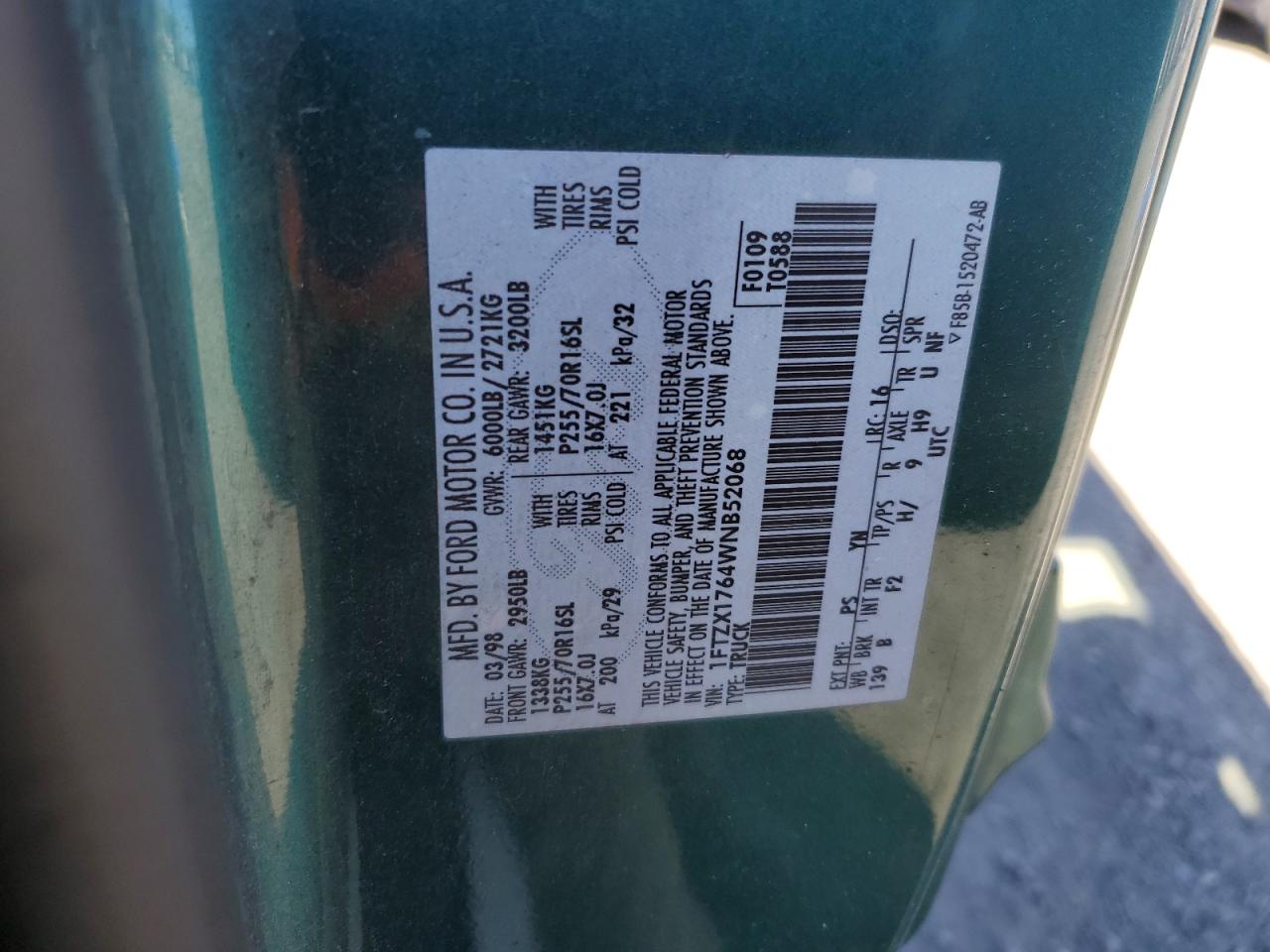 1998 Ford F150 VIN: 1FTZX1764WNB52068 Lot: 78429954