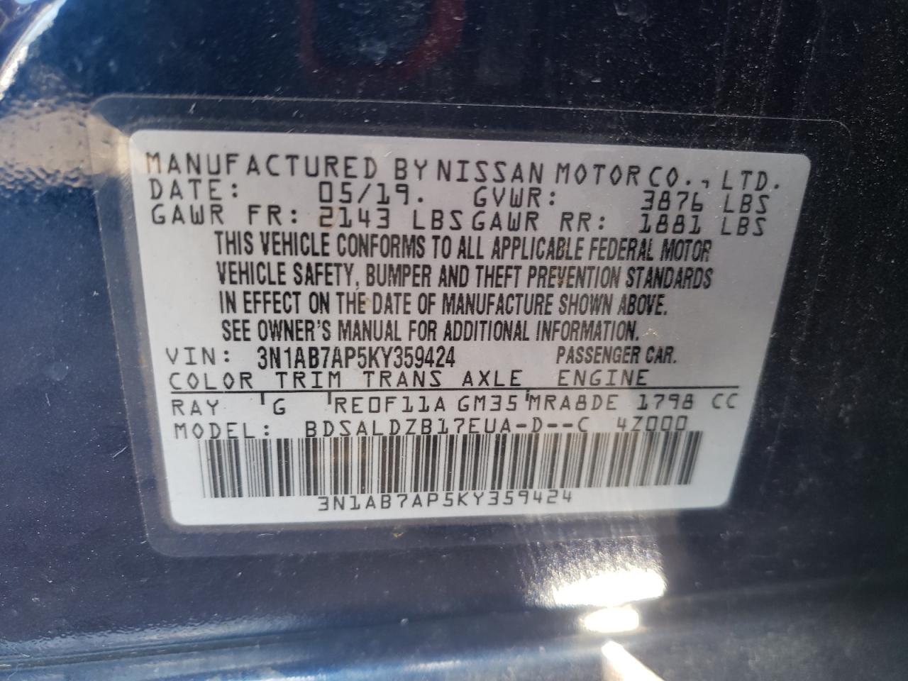 VIN 3N1AB7AP5KY359424 2019 NISSAN SENTRA no.13