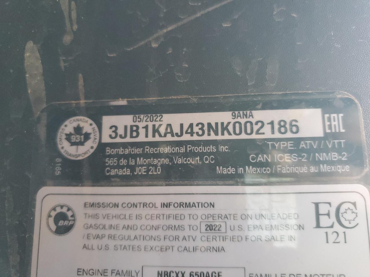 2022 Can-Am Commander Xt 700 VIN: 3JB1KAJ43NK002186 Lot: 80962374