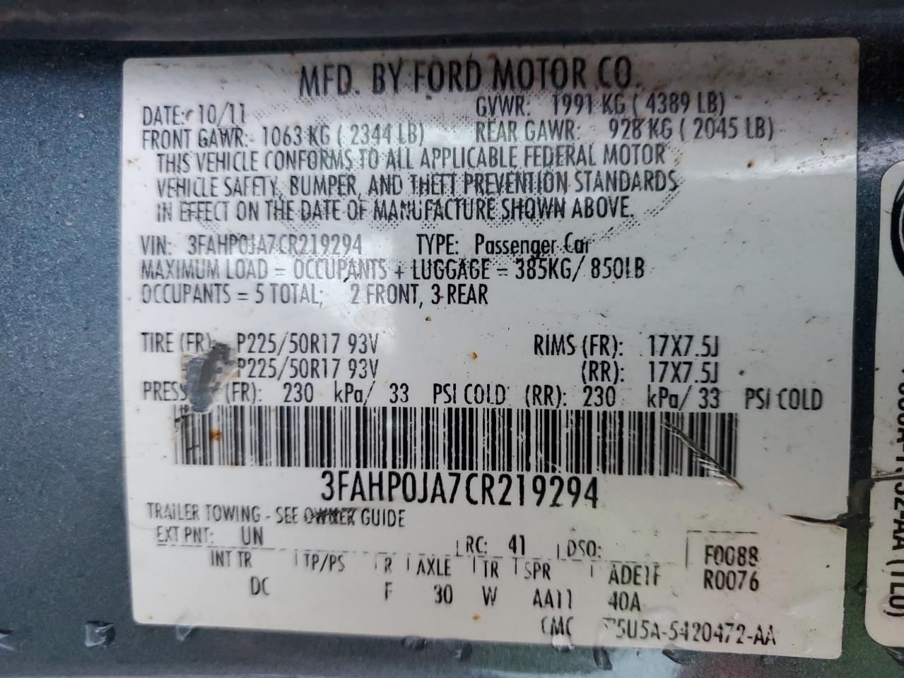 2012 Ford Fusion Sel VIN: 3FAHP0JA7CR219294 Lot: 80626724