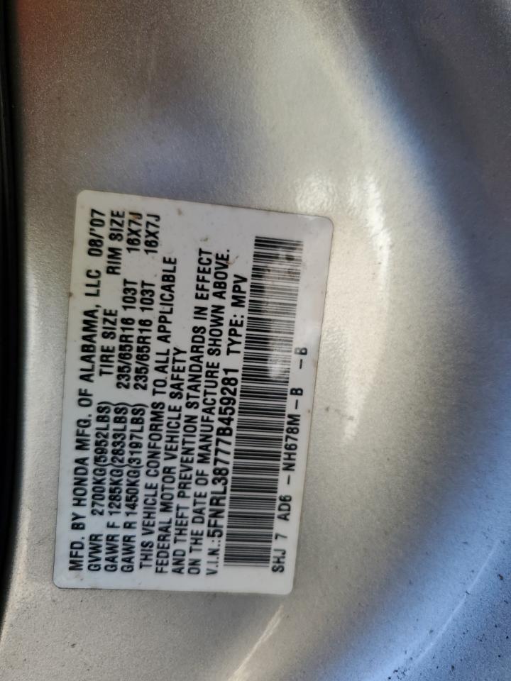 2007 Honda Odyssey Exl VIN: 5FNRL38777B459281 Lot: 80930004