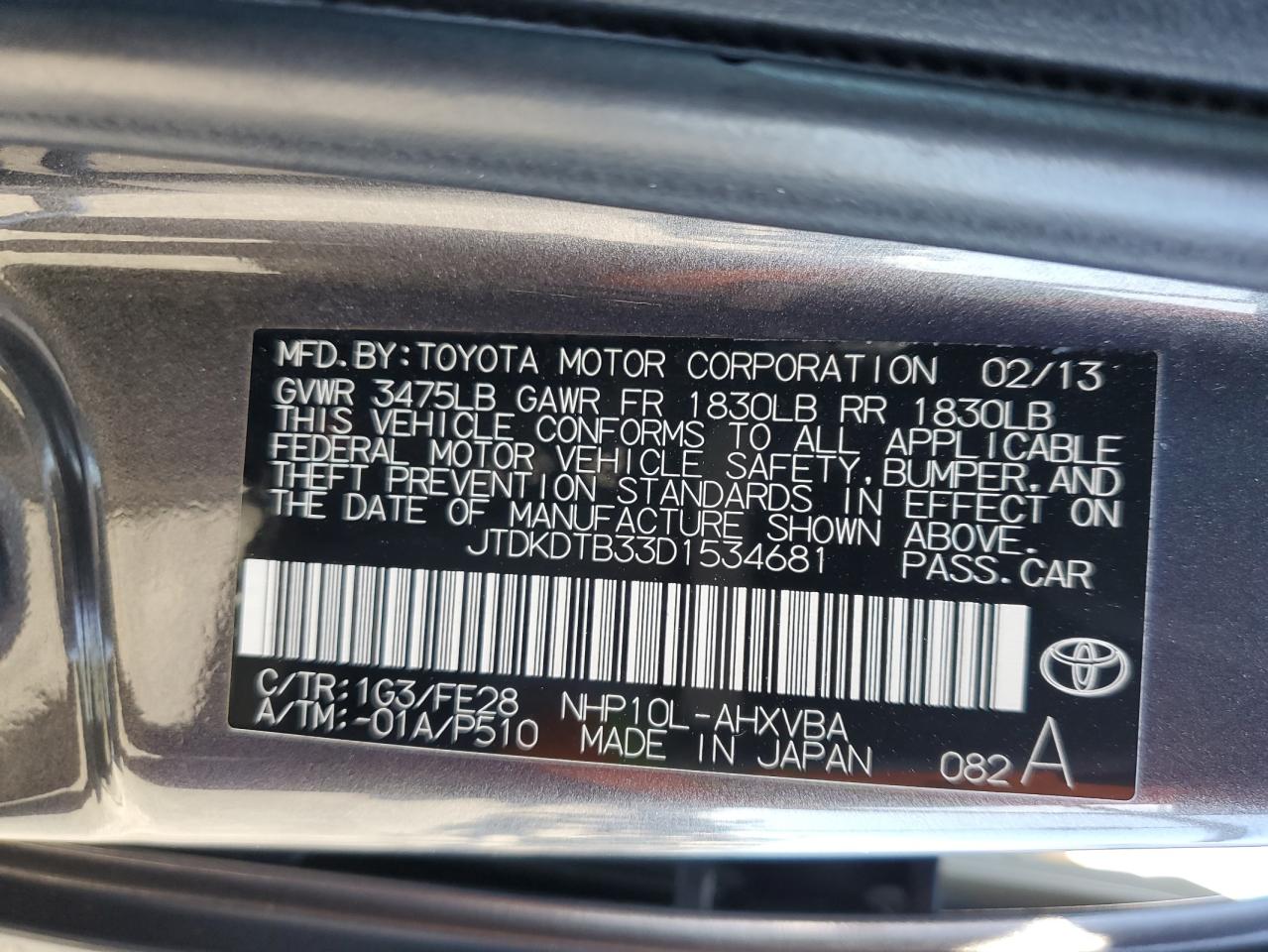 2013 Toyota Prius C VIN: JTDKDTB33D1534681 Lot: 79658214