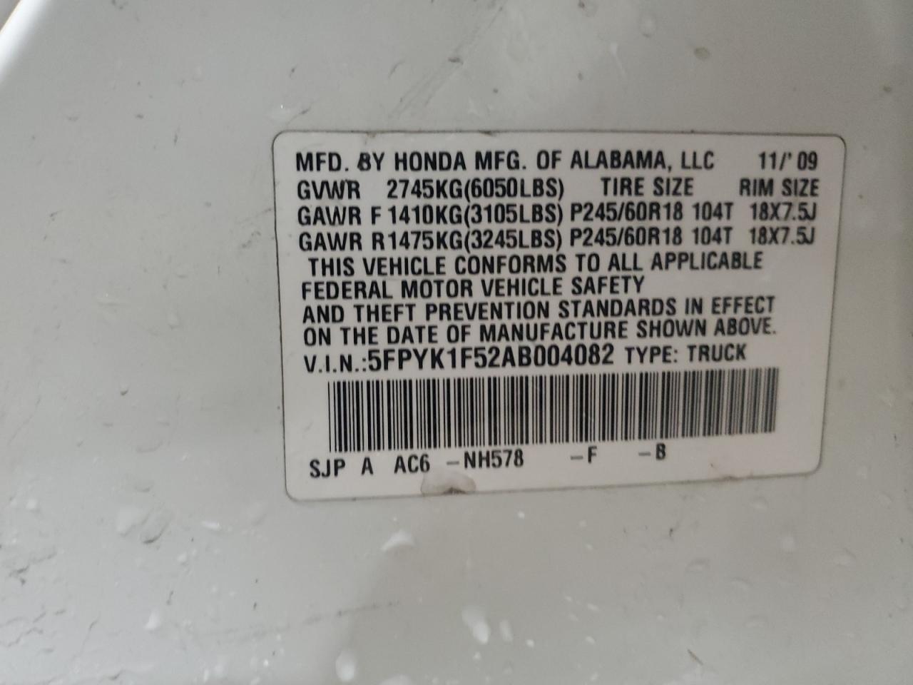 2010 Honda Ridgeline Rtl VIN: 5FPYK1F52AB004082 Lot: 78747404