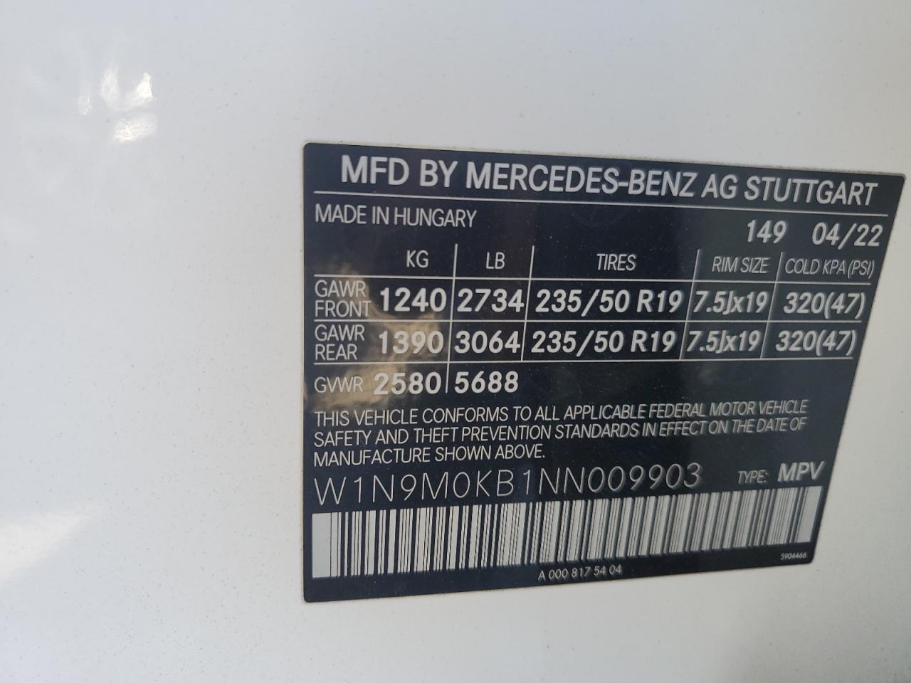 2022 Mercedes-Benz Eqb 300 4Matic VIN: W1N9M0KB1NN009903 Lot: 80788974