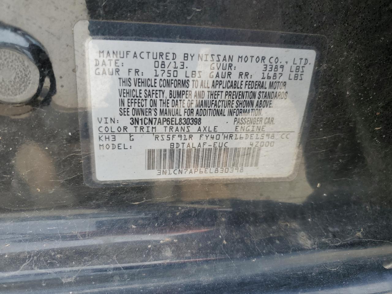 2014 Nissan Versa S VIN: 3N1CN7AP6EL830398 Lot: 79711634