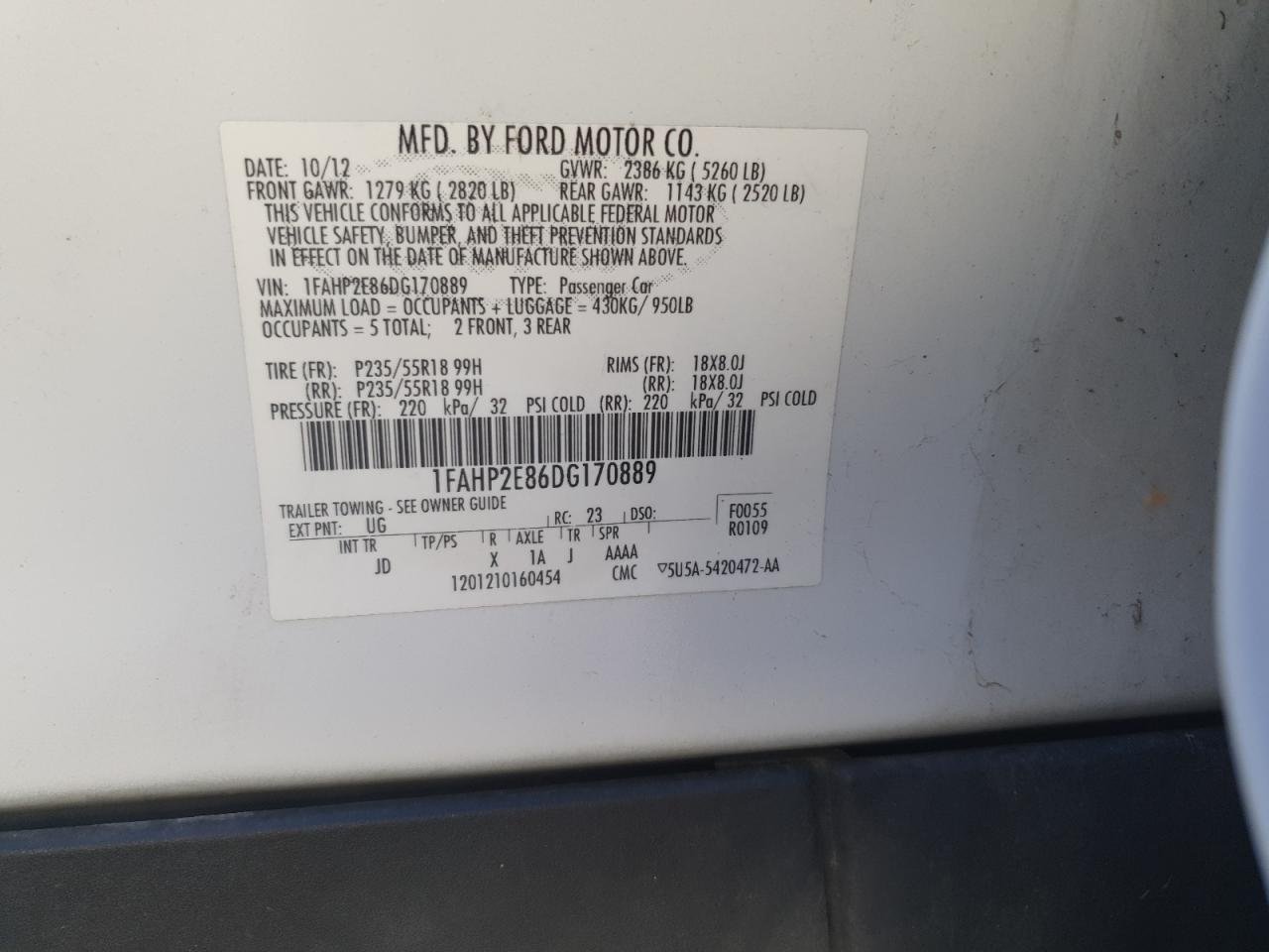 2013 Ford Taurus Sel VIN: 1FAHP2E86DG170889 Lot: 80945894