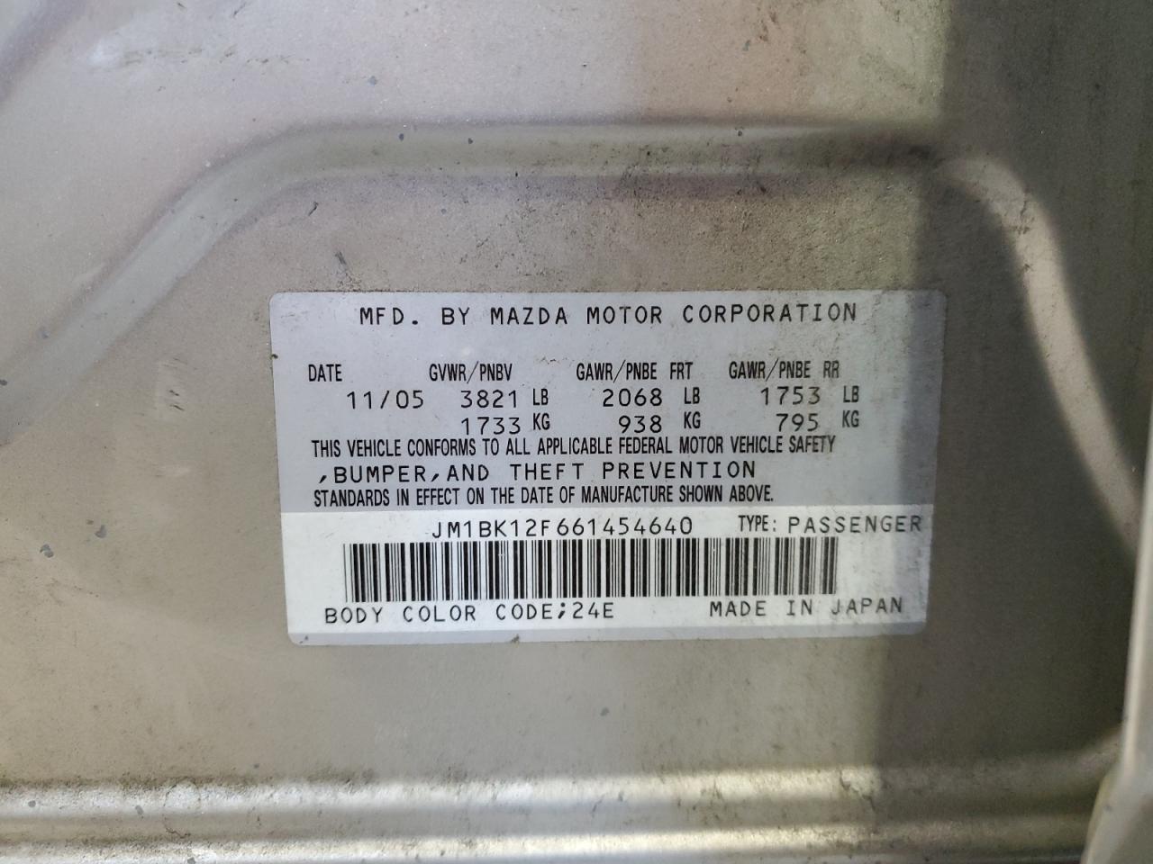 2006 Mazda 3 I VIN: JM1BK12F661454640 Lot: 78621544