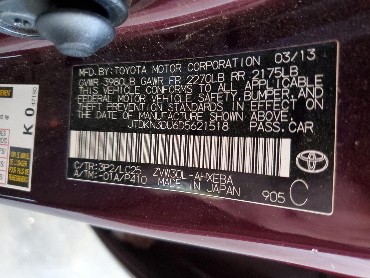 2013 Toyota Prius VIN: JTDKN3DU6D5621518 Lot: 80580014