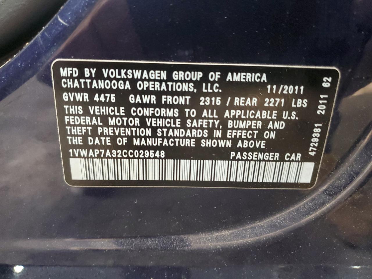 2012 Volkswagen Passat S VIN: 1VWAP7A32CC029548 Lot: 79177974