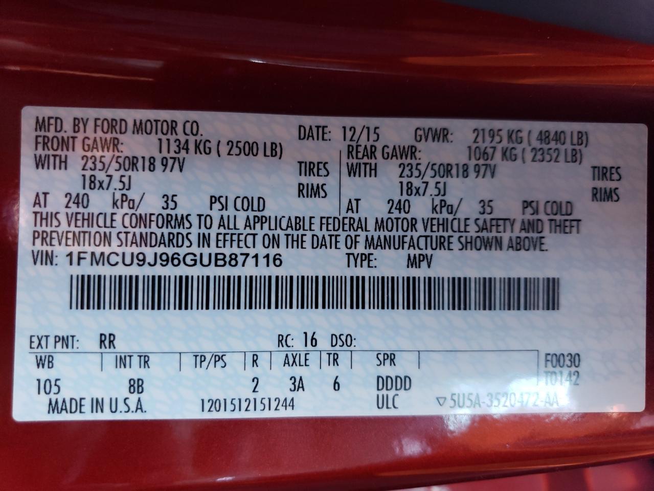 VIN 1FMCU9J96GUB87116 2016 FORD ESCAPE no.13