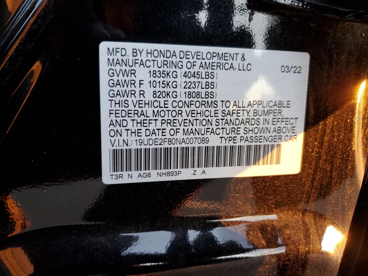 VIN 19UDE2F80NA007089 2022 ACURA ILX no.12