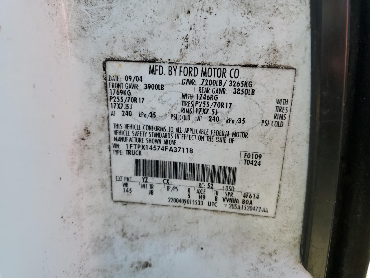 2004 Ford F150 VIN: 1FTPX14574FA37118 Lot: 81844534
