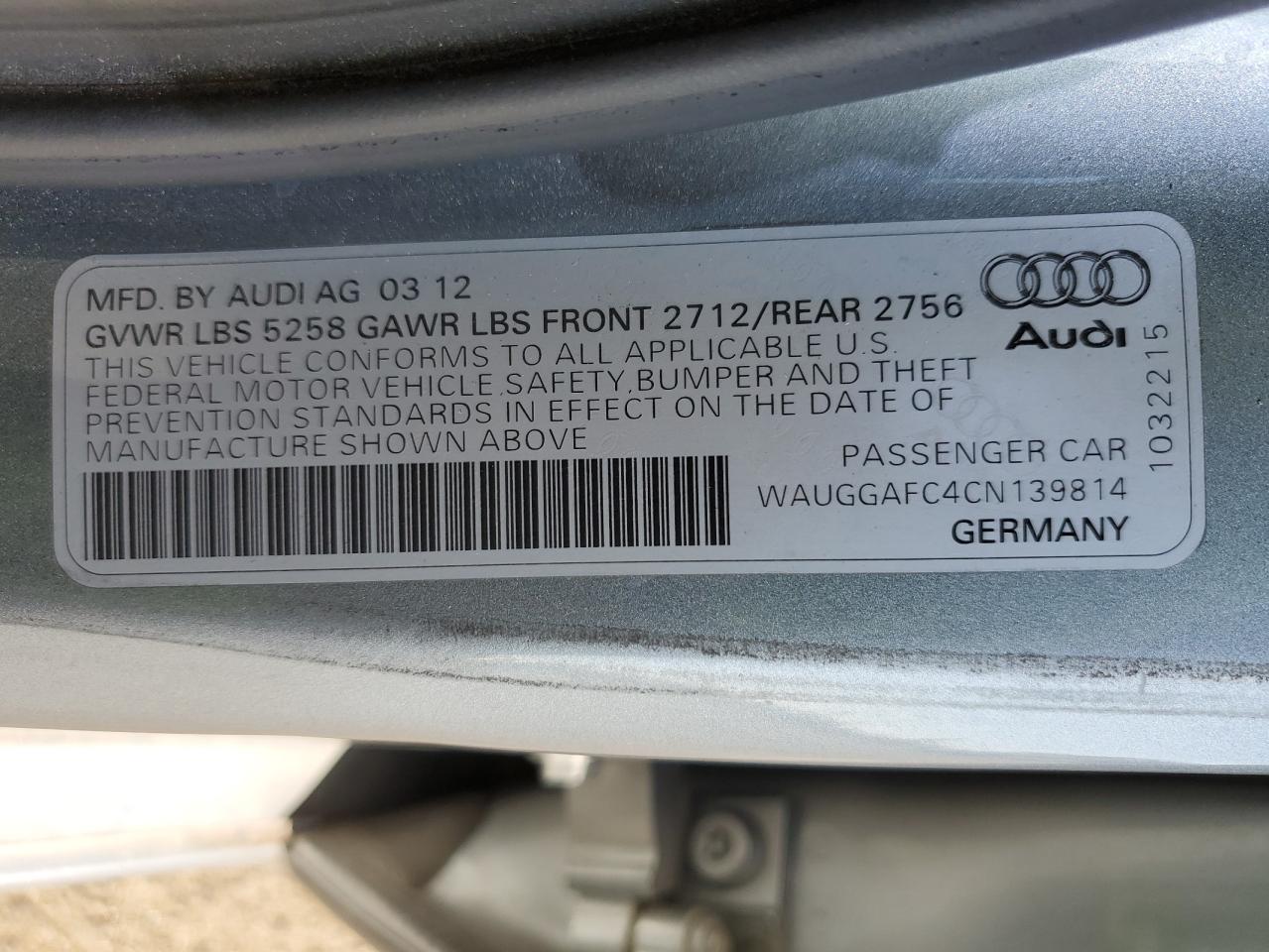 2012 Audi A6 Premium Plus VIN: WAUGGAFC4CN139814 Lot: 78470544