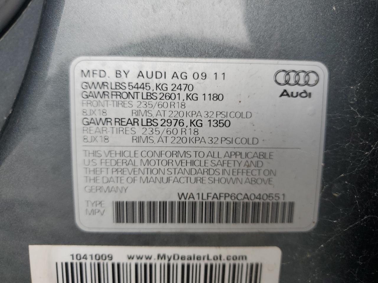 2012 Audi Q5 Premium Plus VIN: WA1LFAFP6CA040551 Lot: 79053084