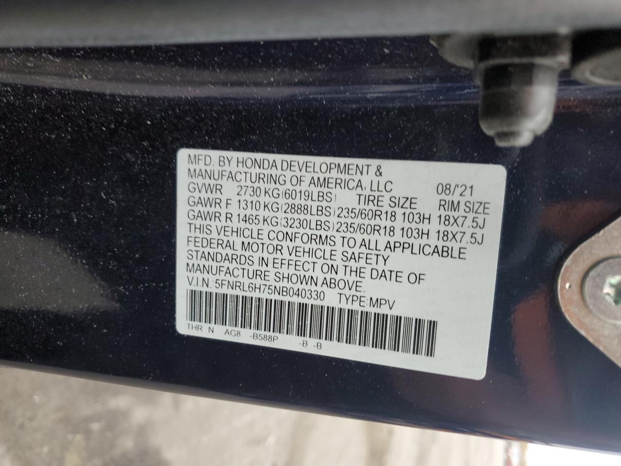 2022 Honda Odyssey Exl VIN: 5FNRL6H75NB040330 Lot: 78808714