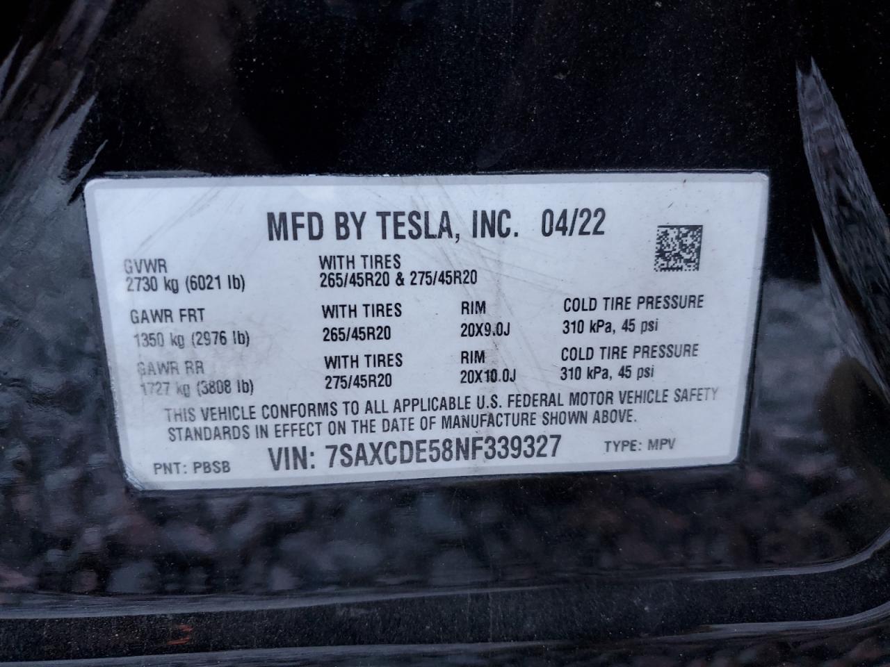 2022 Tesla Model X VIN: 7SAXCDE58NF339327 Lot: 79201734