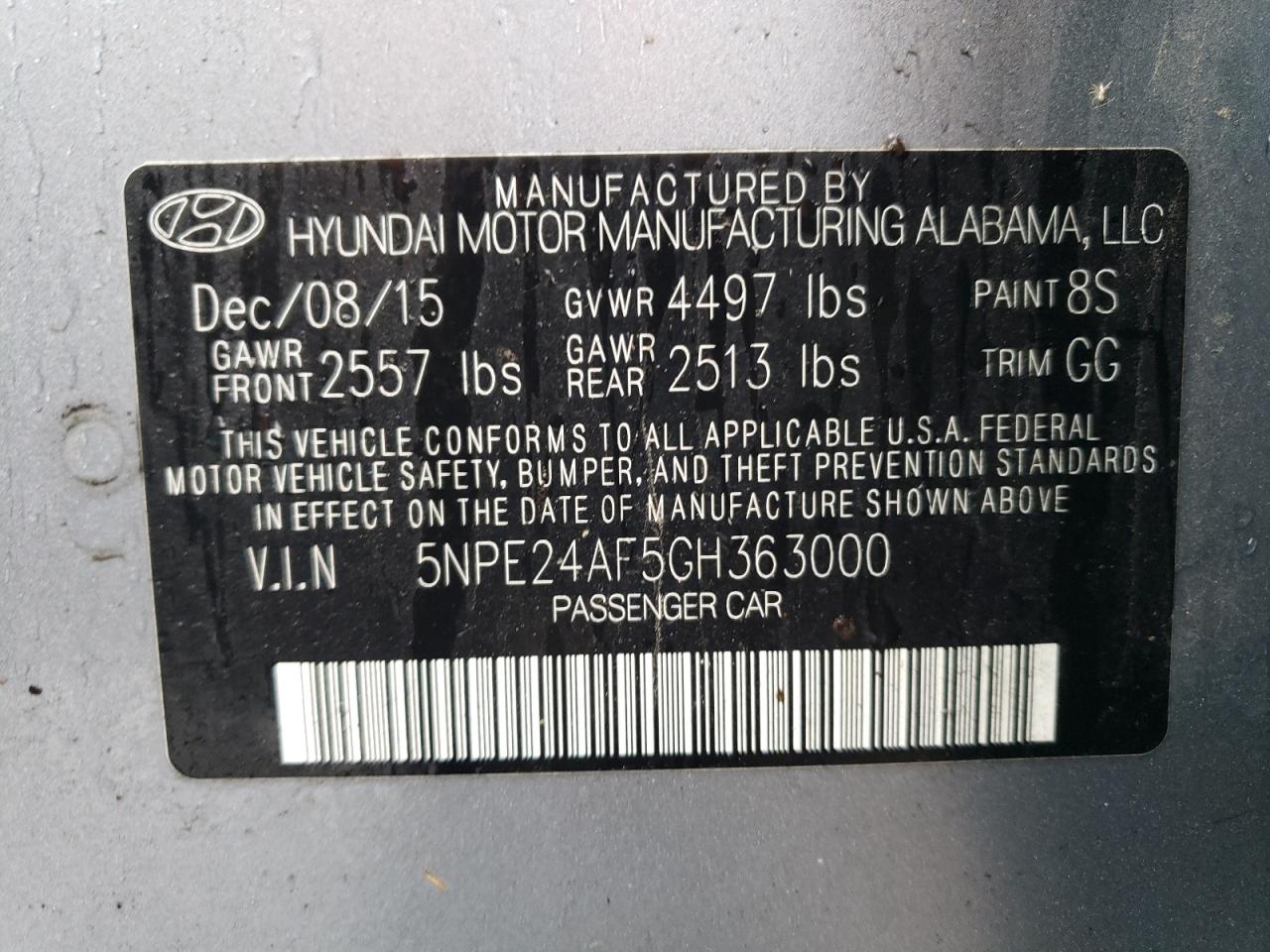 VIN 5NPE24AF5GH363000 2016 HYUNDAI SONATA no.12