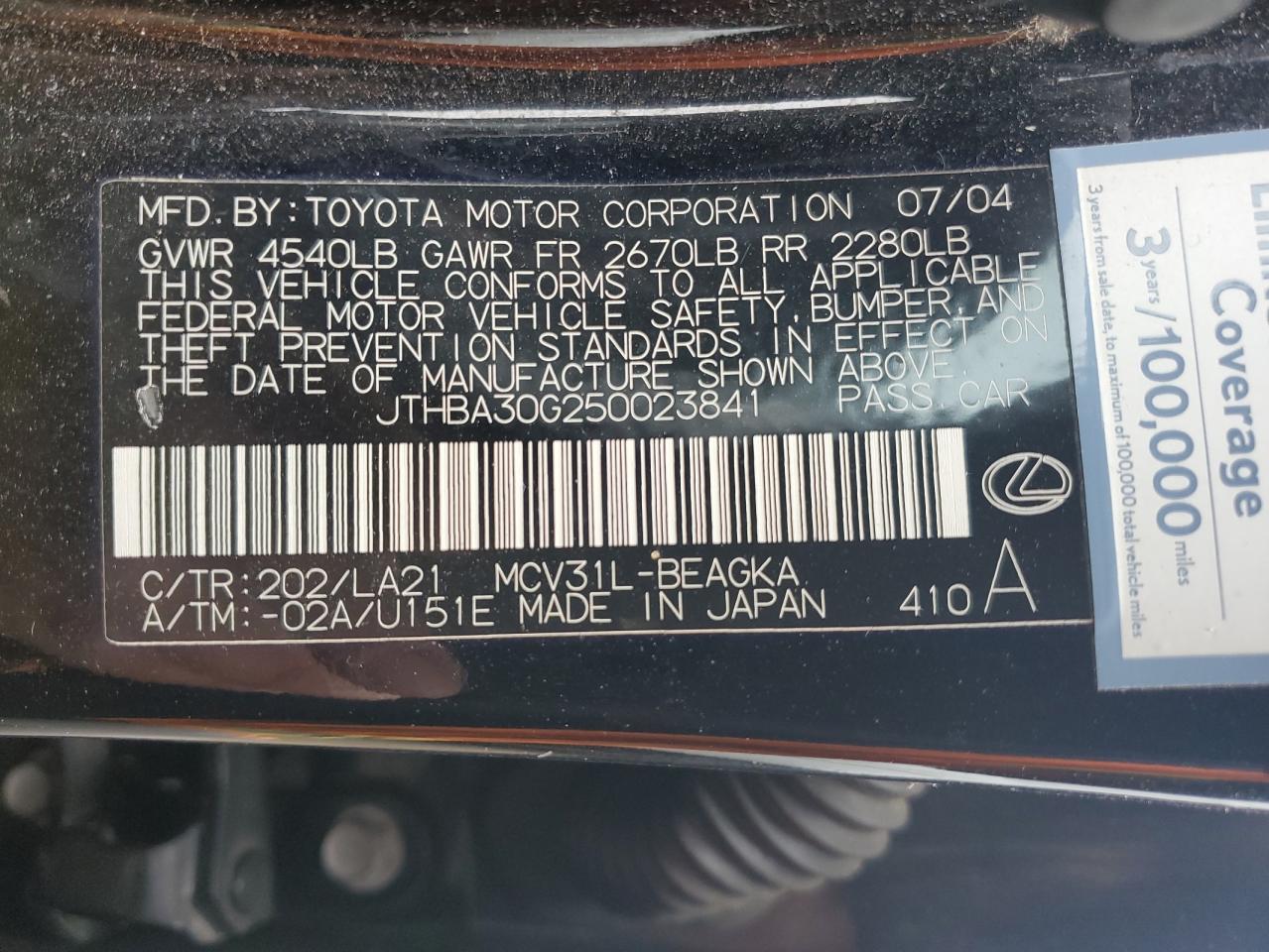 2005 Lexus Es 330 VIN: JTHBA30G250023841 Lot: 78672914