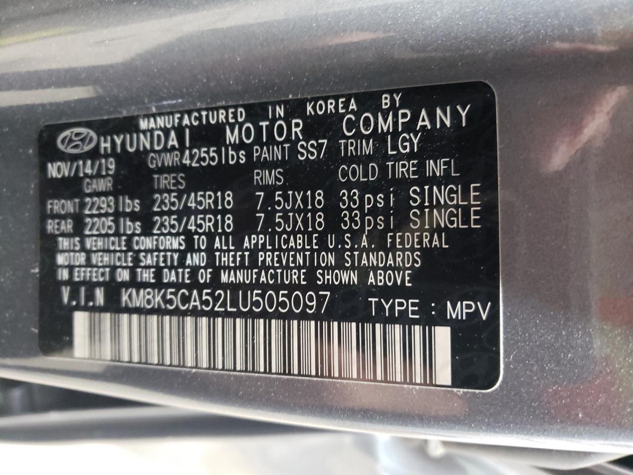 2020 Hyundai Kona Ultimate VIN: KM8K5CA52LU505097 Lot: 80939854